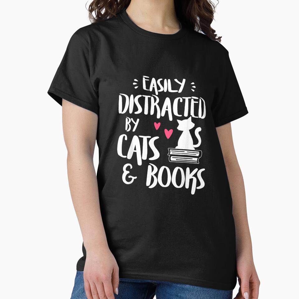 Easily Distracted by Cats and Books - Cat & Book Lover,Short Sleeve T-Shirt by kevincuellar