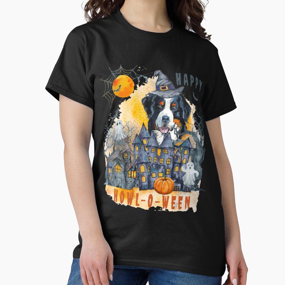 Bernese Mountain Dog Happy Howl-o-ween Ghost Houses Funny Watercolor by Cuddlythopia