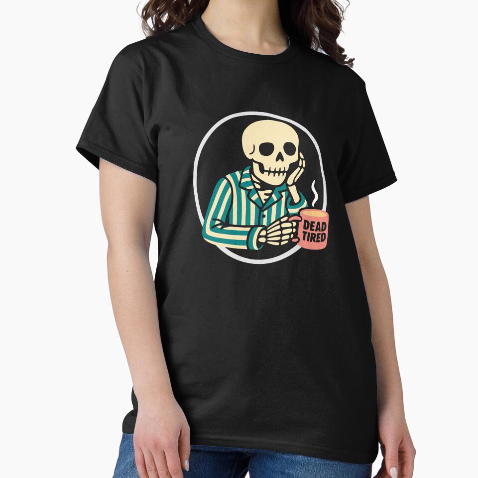 Skeleton Morning Coffee - Skull in Blue Striped Pajamas with Coffee Cup by charlypicazo