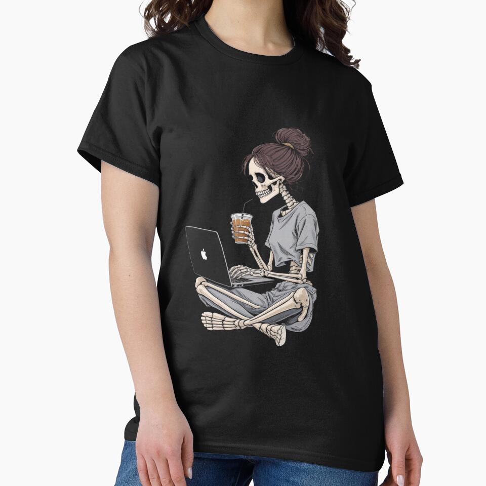 Skeleton Girl with Laptop and Coffee | Cute Gothic Freelancer Kawaii Art by ColorSplash123