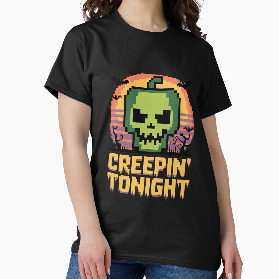 Creepin' Tonight Pixel Skull Pumpkin | Halloween Sunset Vaporwave Design by pixelpopplanet