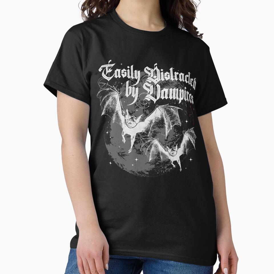 Easily Distracted By Vampires, Gothic Bats Flying in the Night Shirt, Gothic Style Tee, Halloween design, Glamour Ghoul, Spooky Cute, Sexy Vamp T-Shirt, Vampire Bats, Creepy Design by SSINAMOON