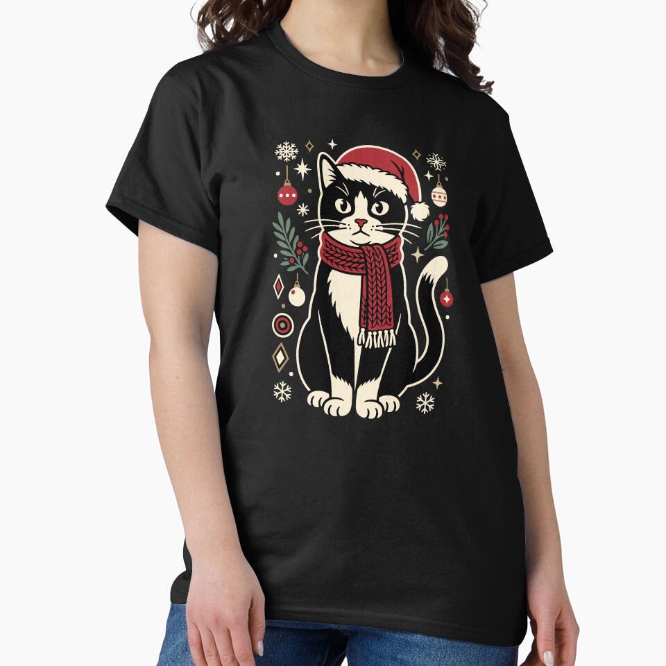 Black Cat Santa Hat Red Scarf Ugly Christmas Sweater by alenaz