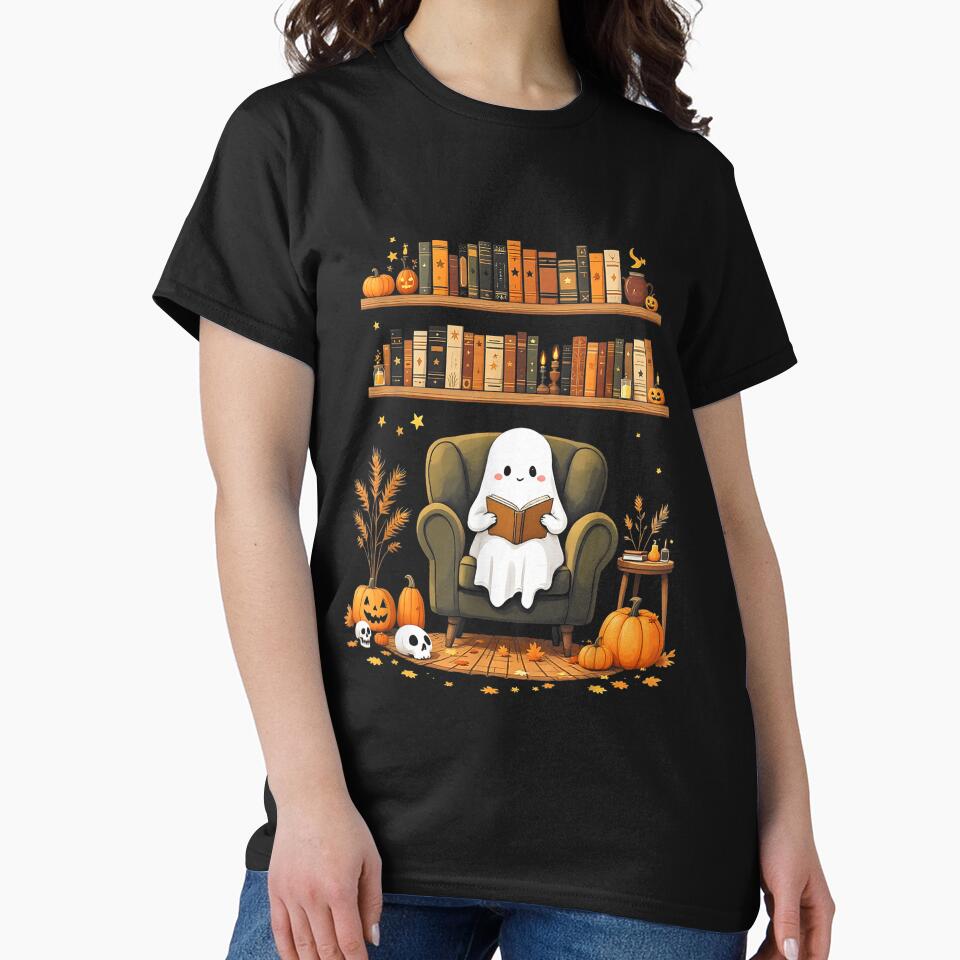 Cute Ghost Reading Book Cozy Halloween Bookshelf Graphic by abig-eiyana