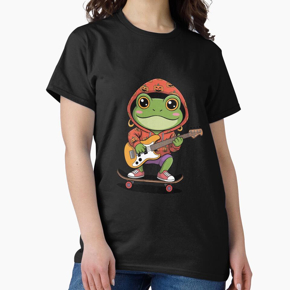 Cute Chibi Frog Halloween – Red Pumpkin Hoodie Bass Guitar Cartoon by ColorSplash123