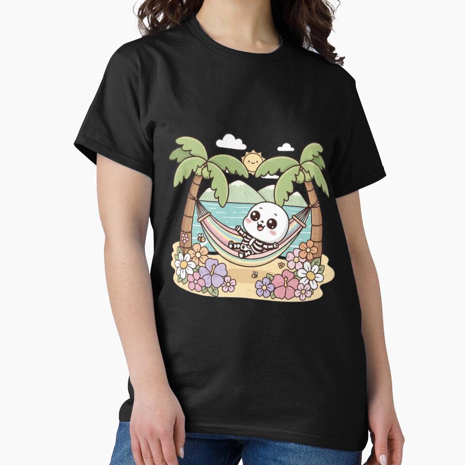 Cute Skeleton Chilling in Hammock with Flowers – Kawaii Summer Cartoon Design by ColorSplash123