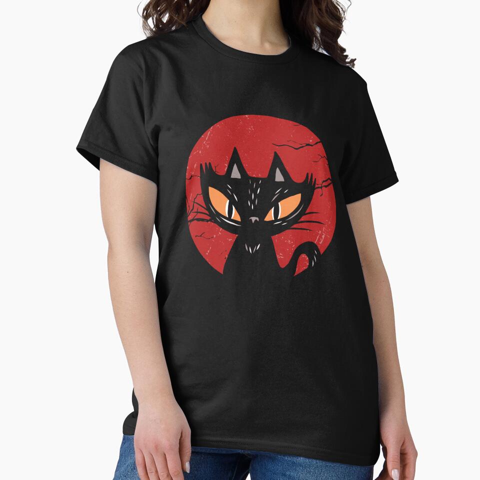 Halloween Cats Lover Tee, Vintage Full Moon Black Cat design by Merchking1