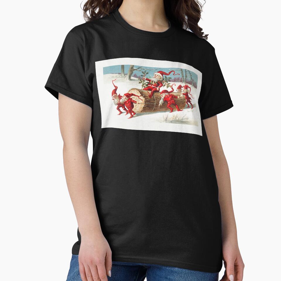Santa elves sliding on a log. Vintage old fashioned Christmas image by IMPHives