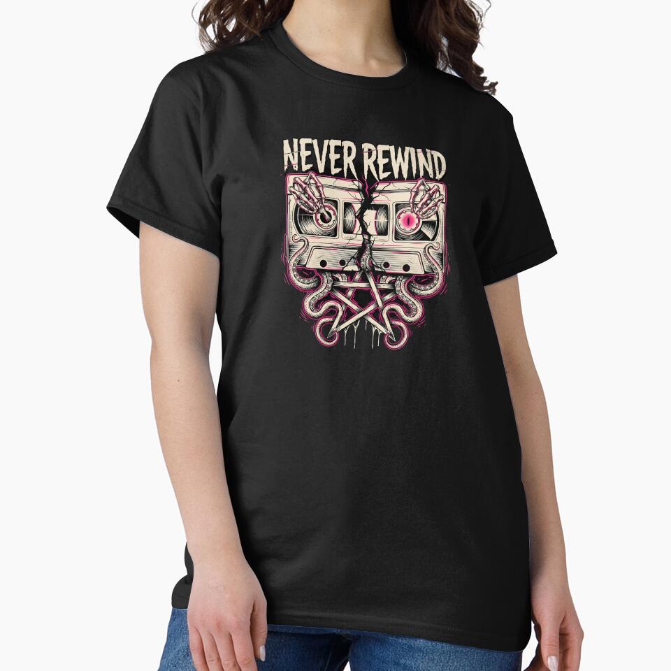 Never Rewind, Retro VHS Horror Skull Tentacle Neon 80s Graphic by CryptReel