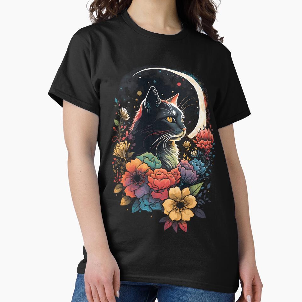 Cat in flowers under the moon by Brainless Art