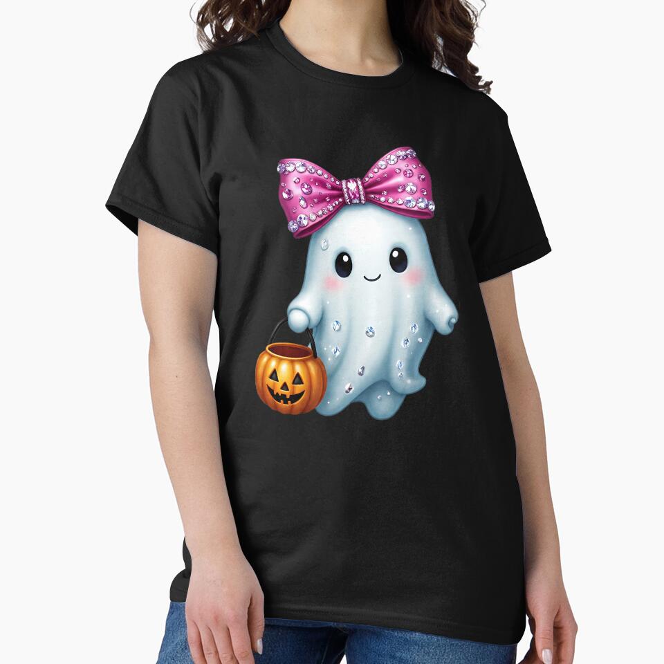Cute Halloween Ghost | Spooky Kawaii Ghost, Pink bow,  T-Shirt by davincidigitalusa
