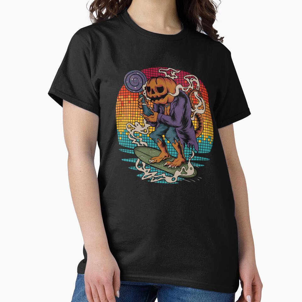 Halloween Retro Pumpkin Surfer in Pixel Sunset by BeansHotTees