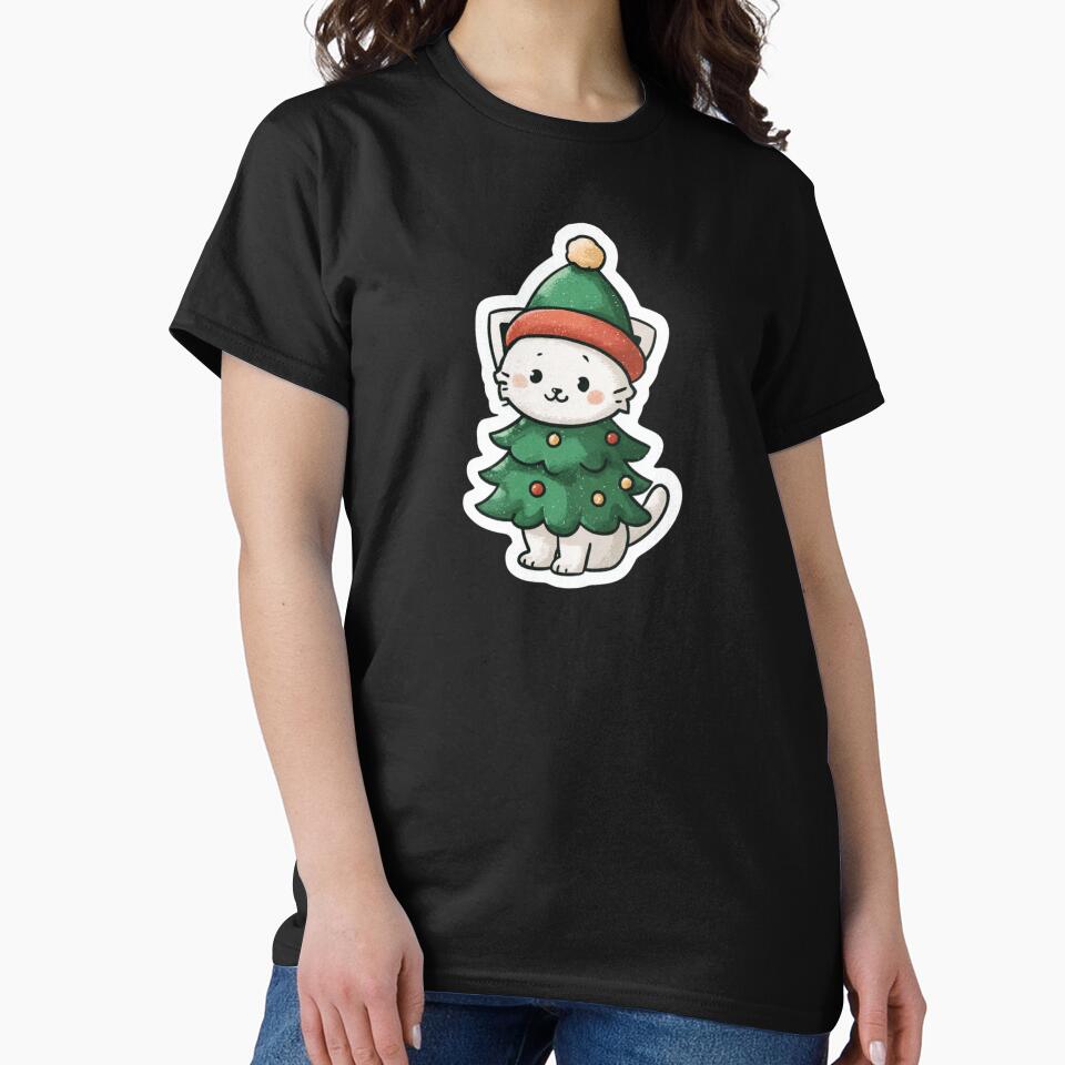 Cute White Kitten Dressed as Christmas Tree Cartoon Desing by kndzxf