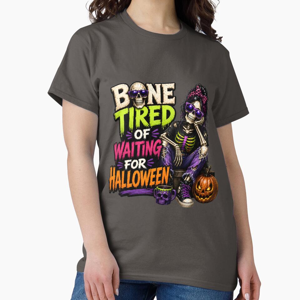 Bone Tired Halloween Skeleton Funny Spooky Halloween Skeleton Shirt by Kruti Collection
