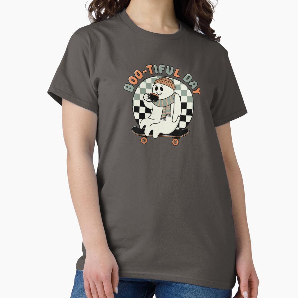 Boo-tiful Day - Cozy Ghost Skateboarding Design by OldSchoolRetro