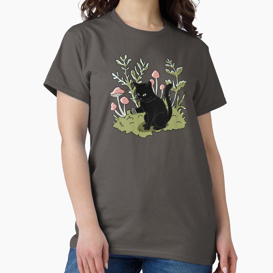 Black Cat in Mushroom Forest Art Print Goblincore Aesthetic by LeshanArt