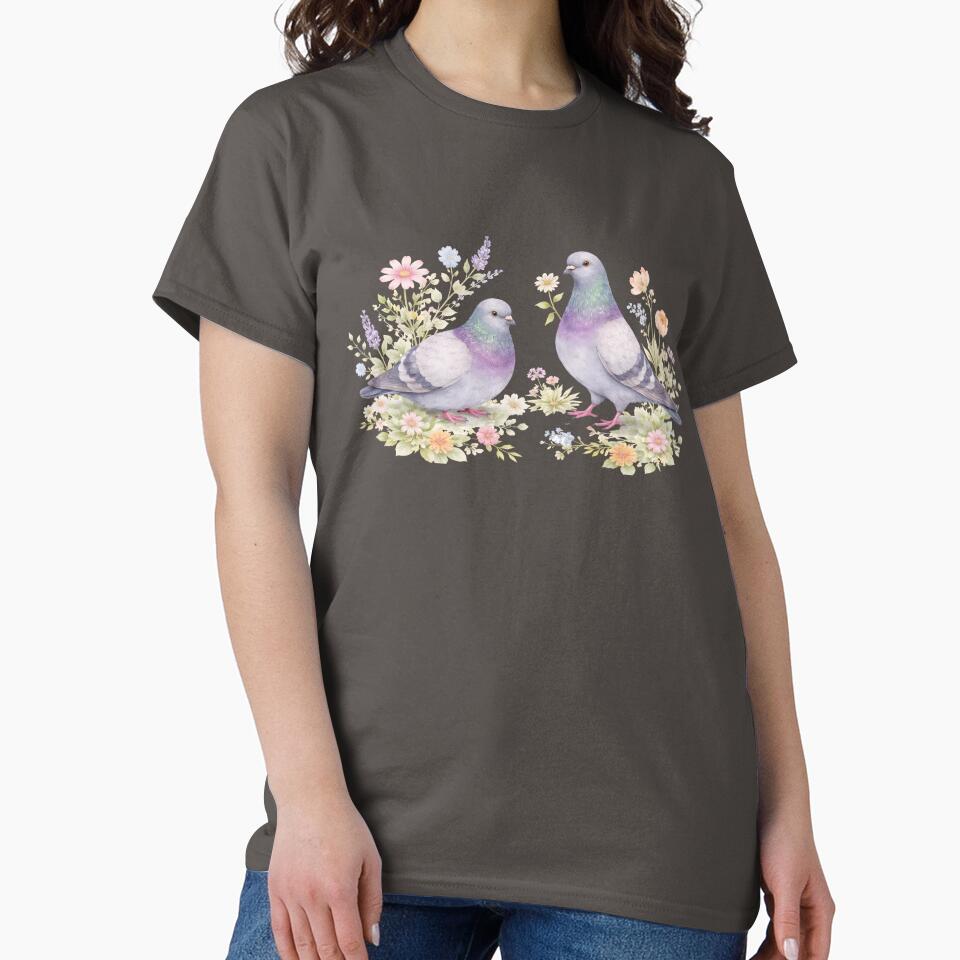 Watercolor Pigeon Pair With Wildflowers by azule1