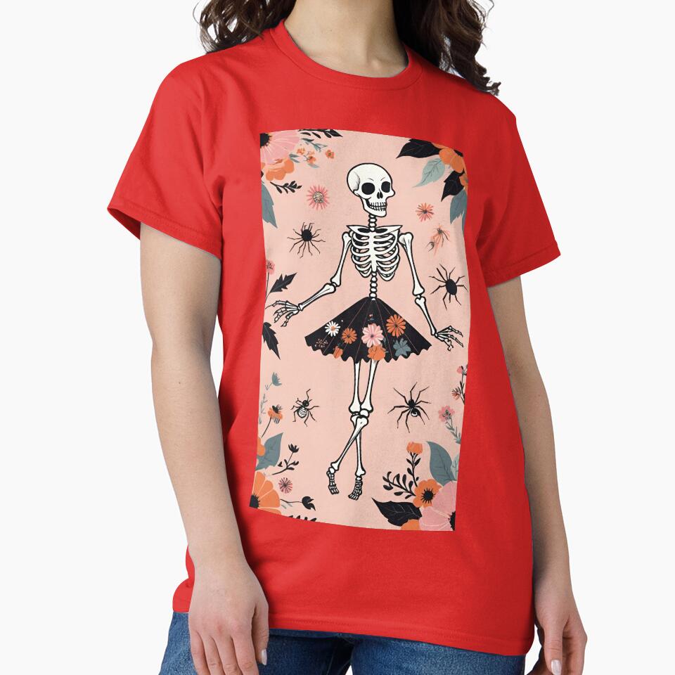 Playful Halloween Skeleton With Flowers And Spiders on a soft peach background by CarrollGene