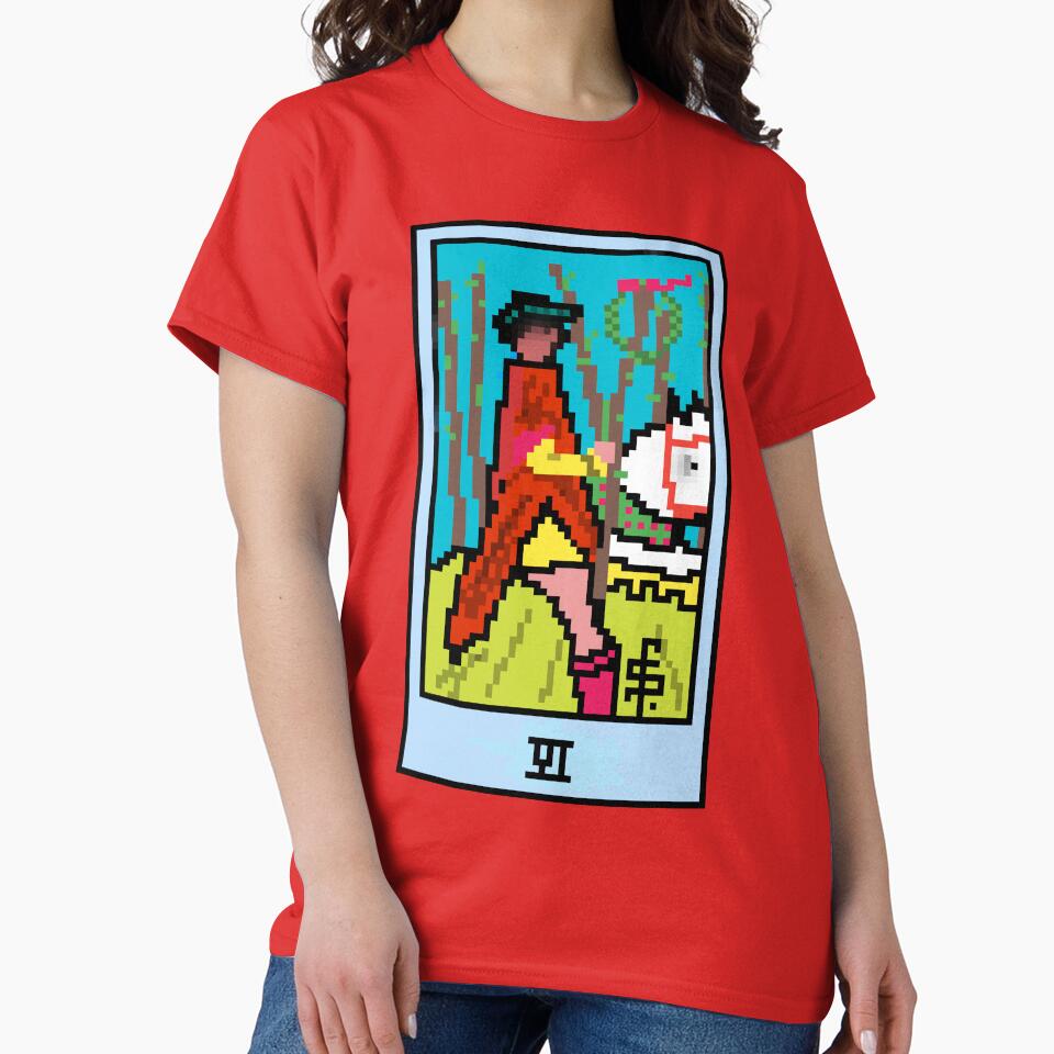 Wait, is this pixel art tarot? Pink - Minor Arcana 'Six of Wands' (Design for T-shirt, stickers and other accessories) by Pixel Waite