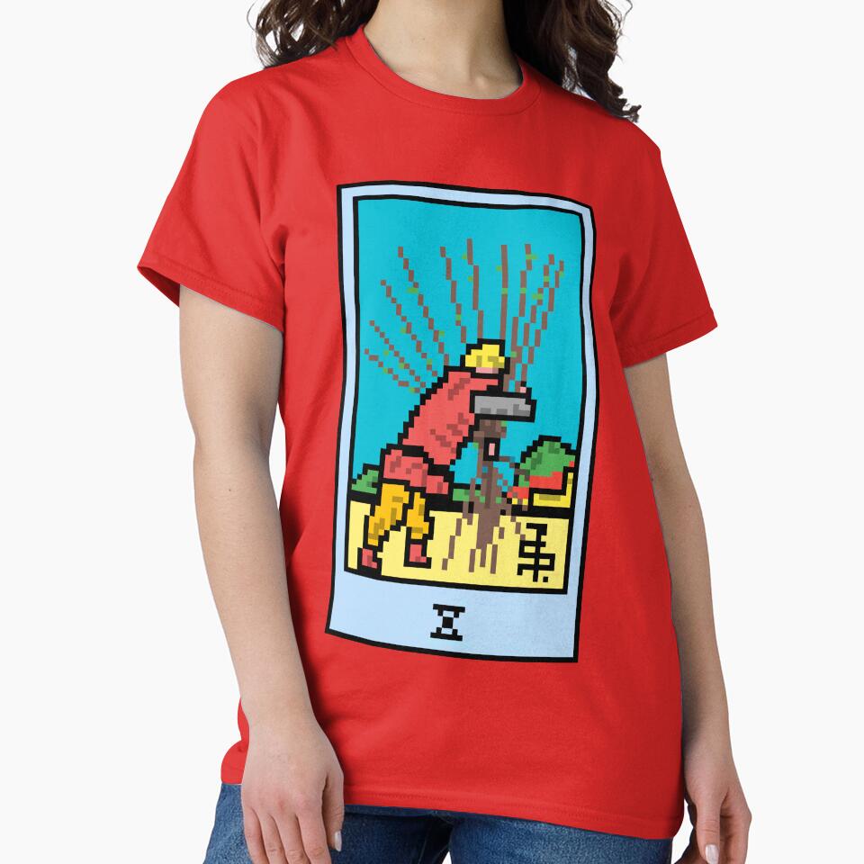 Wait, is this pixel art tarot? Pink - Minor Arcana 'Ten of Wands' (Design for T-shirt, stickers and other accessories) by Pixel Waite