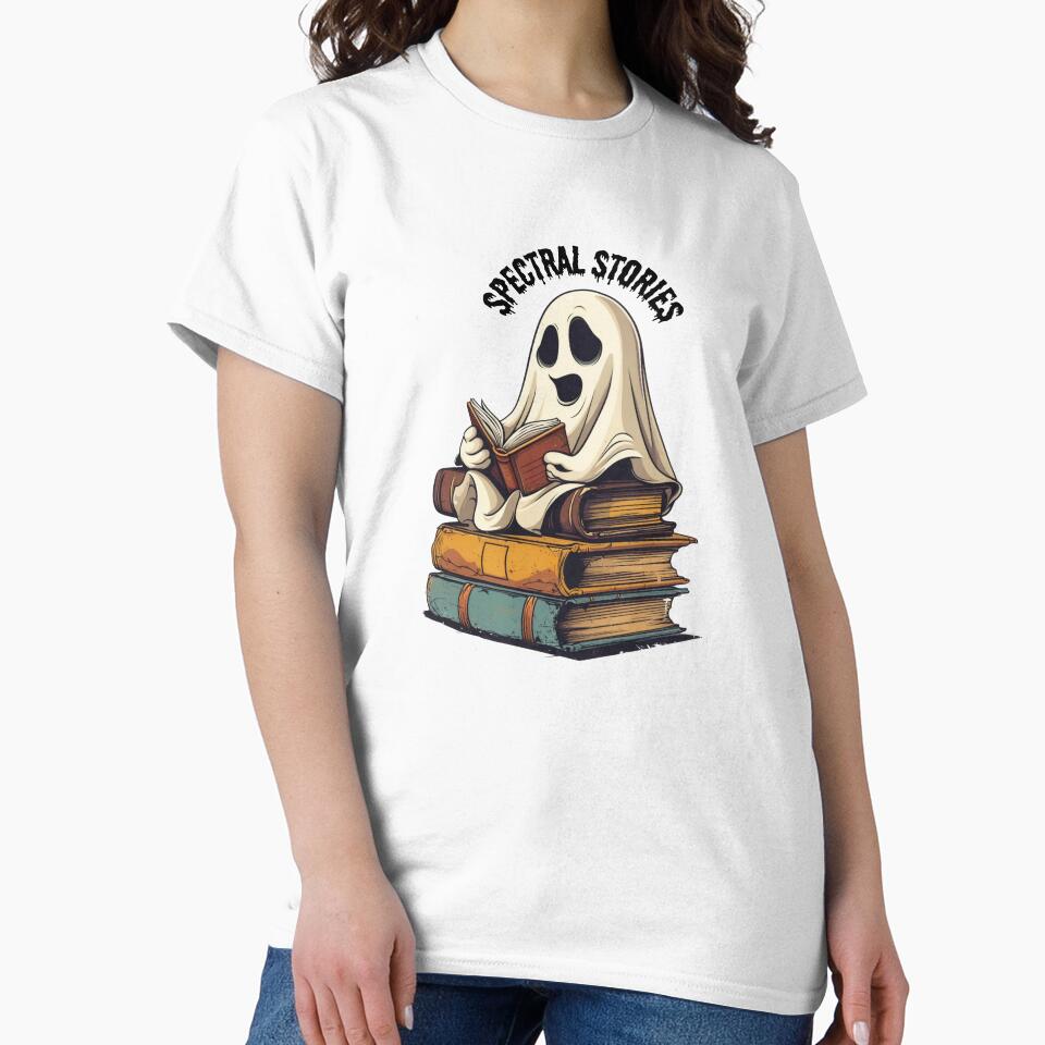 Vintage Spectral Stories: Spooky Ghost Reading Book Halloween Tee - Classic Retro Vibe by Clothesbest