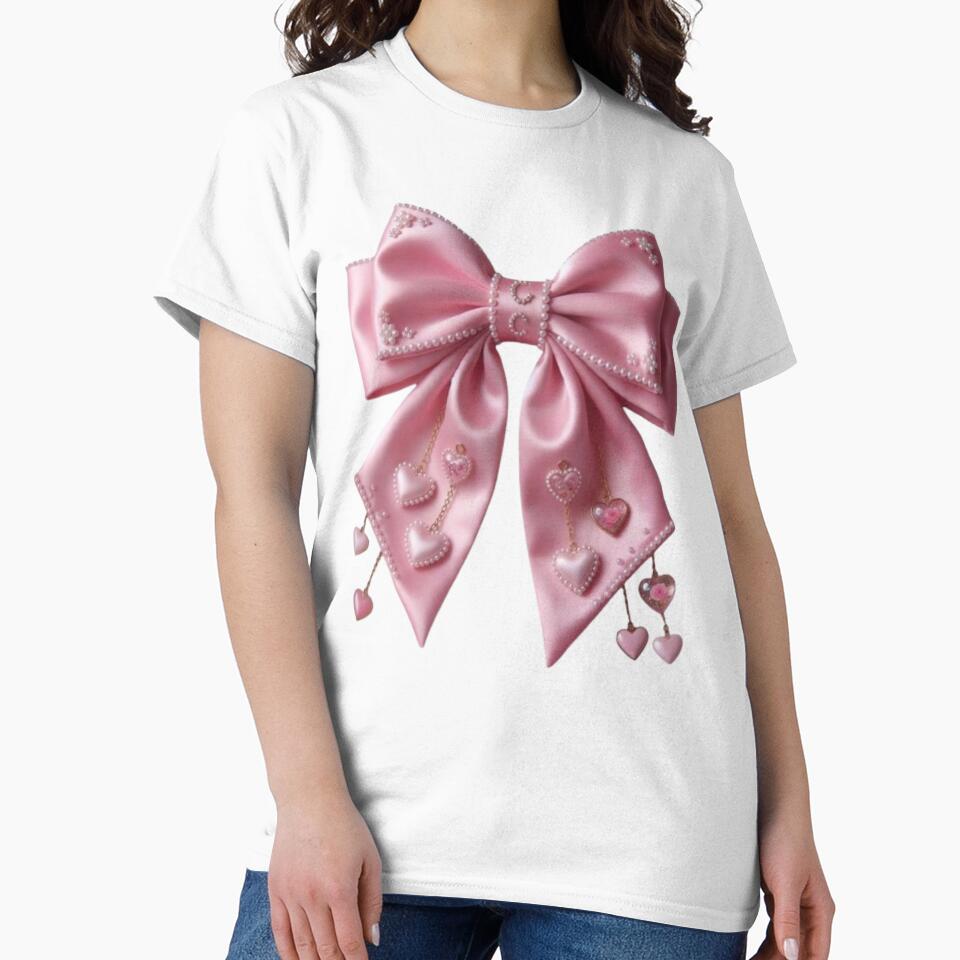 Large elegant pink satin coquette bow with tiny pearls and dangling hearts, soft girl aesthetic by polo-designs