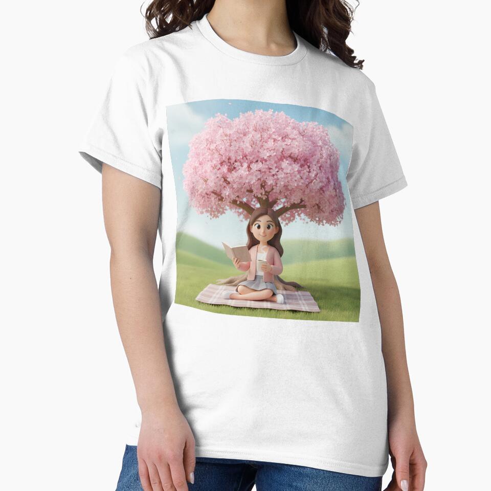 Reading Under Cherry Blossom Tree - Spring Relaxation Illustration by HappyDigiart
