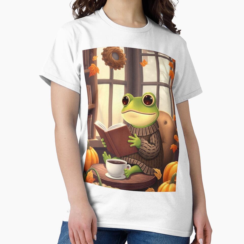 Autumn Frog Reading T-Shirt | Cozy Bookworm Frog | Cute Fall Animal Tee by ArmaanArts