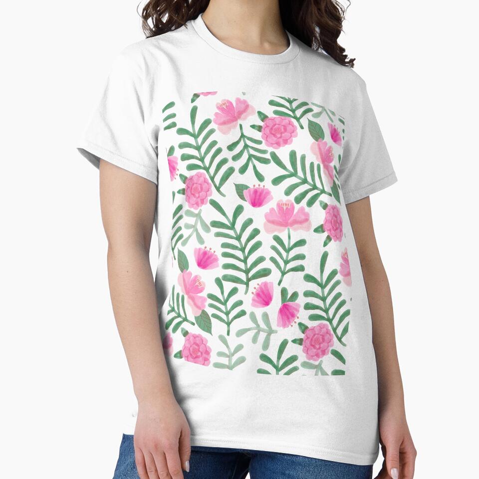 Pink Watercolor Botanical Repeat Pattern Flowers and Leaves by Mag-nificentMag