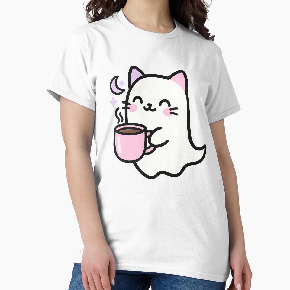 Kawaii Halloween Ghost Cat with Coffee by davidjulie