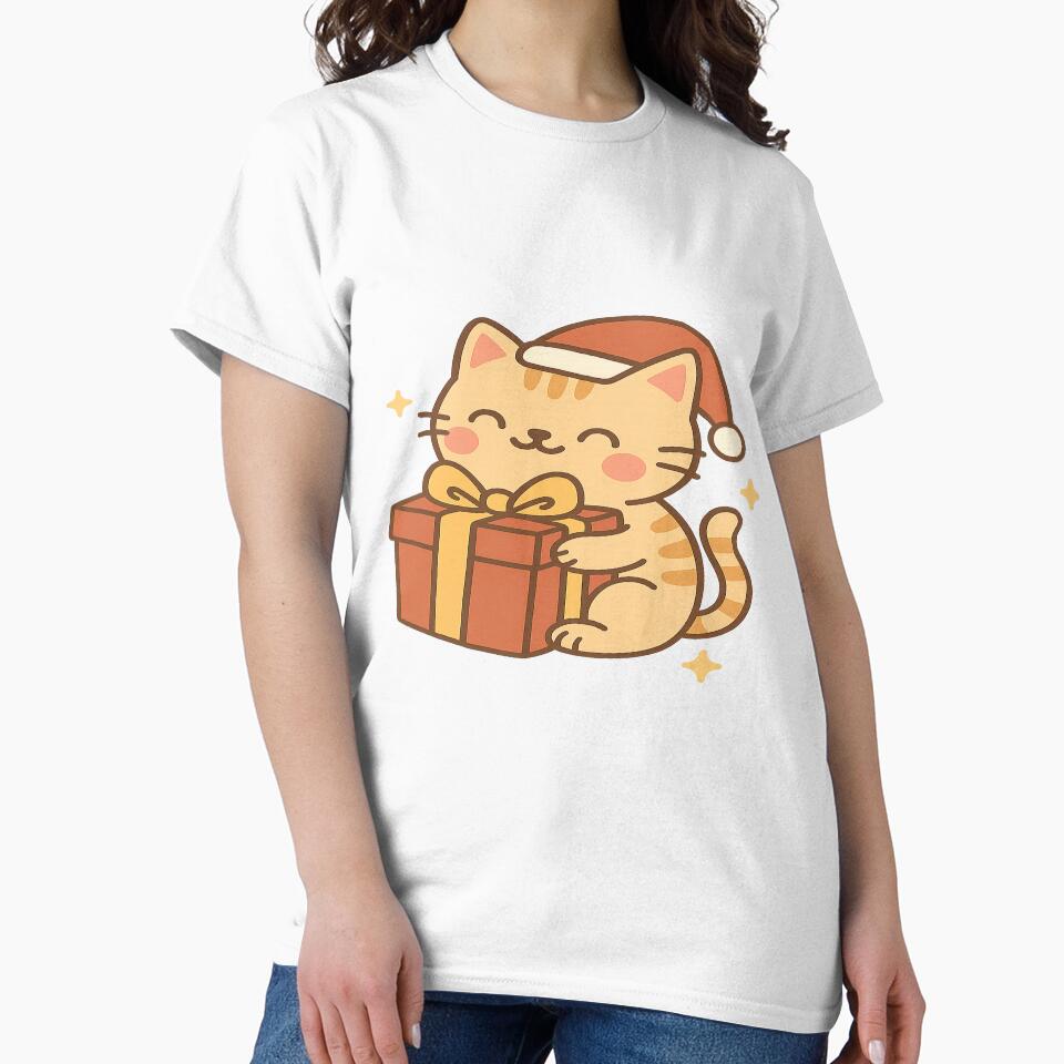 Cute Kawaii Christmas Cat With Gift – Festive Holiday Kitty Illustration by StyleLap