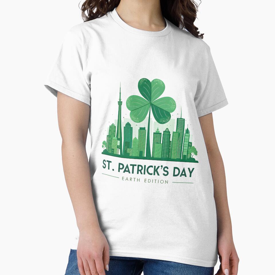 Eco-Friendly St. Patrick's Day Urban Skyline T-Shirt - Green City Earth Edition by AnnDesignStudio