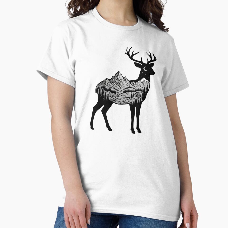 Deer Mountain Negative Space Line Starry Art Boho Style by Yellowriversss