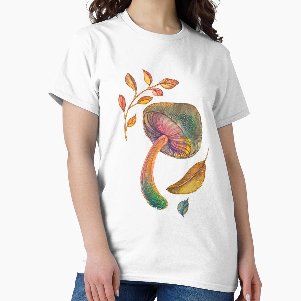 Watercolor Mushroom with Autumn Leaves by WovenInEarth