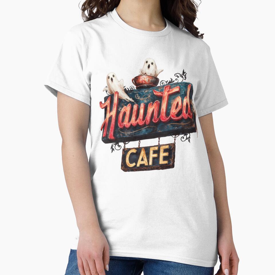 Haunted Cafe Vintage Sign with Cute Ghosts by Anastasiia Yurevych