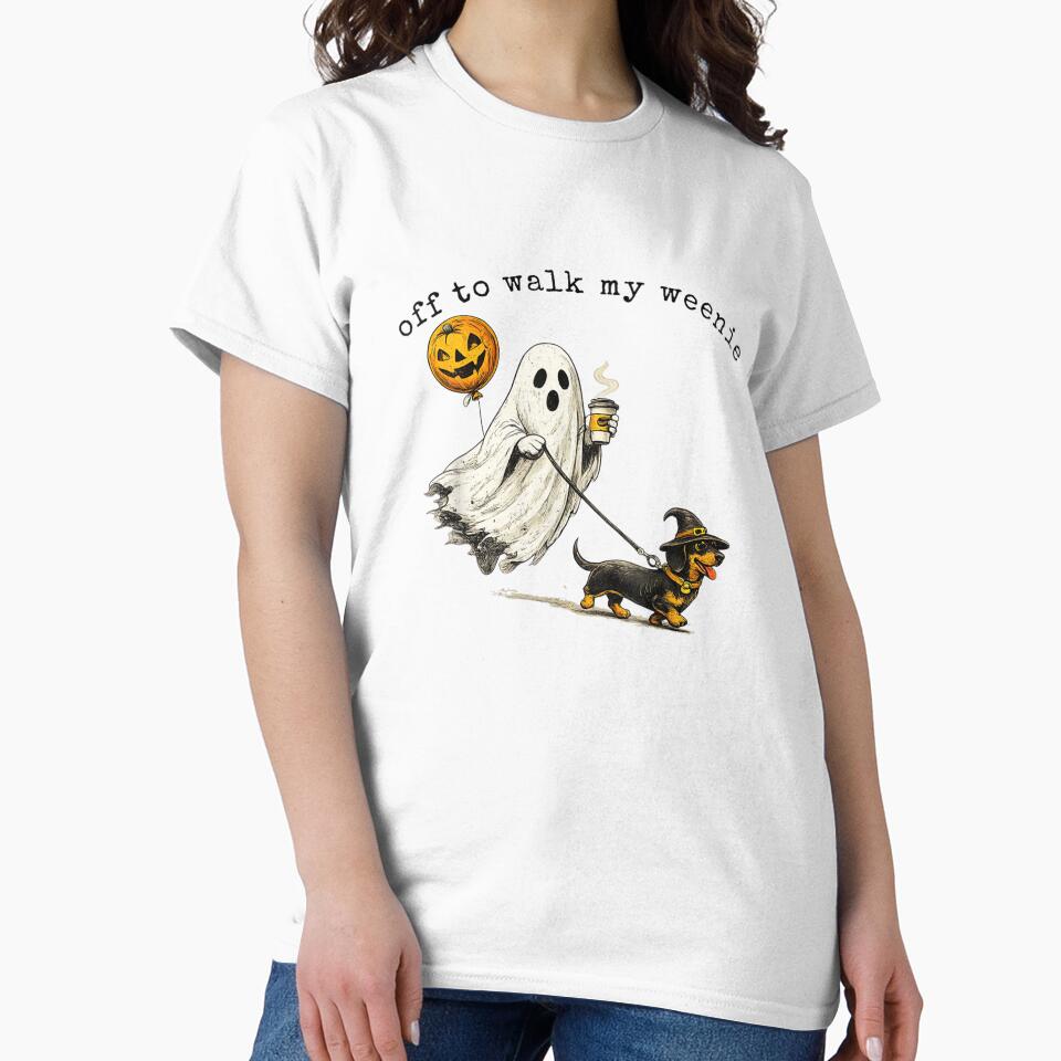 Ghost Walking Dachshund With Coffee Funny Halloween Pet Lover Design by GalenoHenley