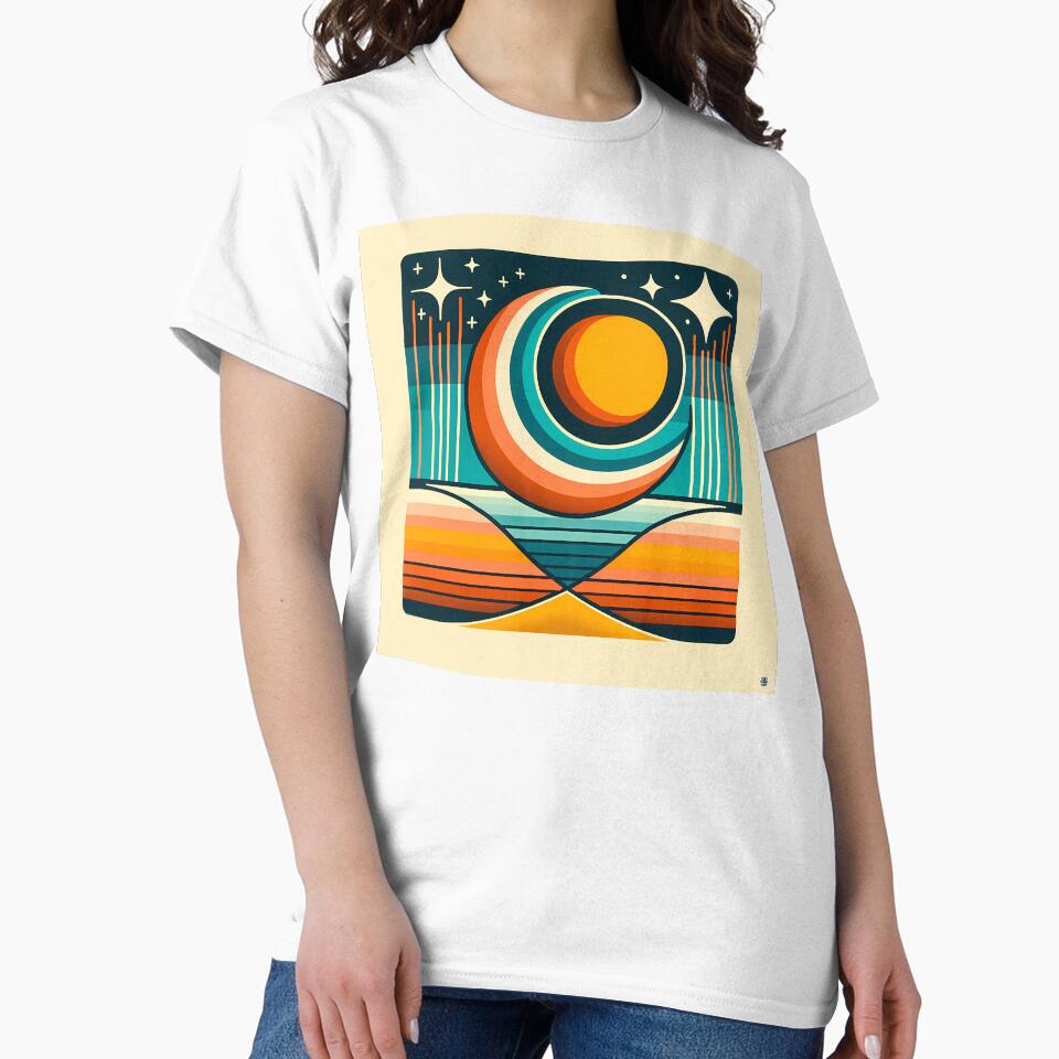 Geometric Sun Moon Over Striped Horizon by InkSmithery