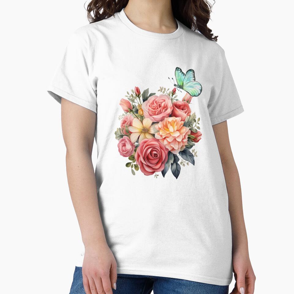 Vintage Watercolor Floral Bouquet Pink Roses and Aesthetic Butterfly by vibecraft_studio2