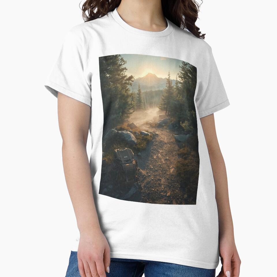 Hiking Trail Sunrise Mountain Backpack T-Shirt | Adventurous Nature Art by Falconwolf