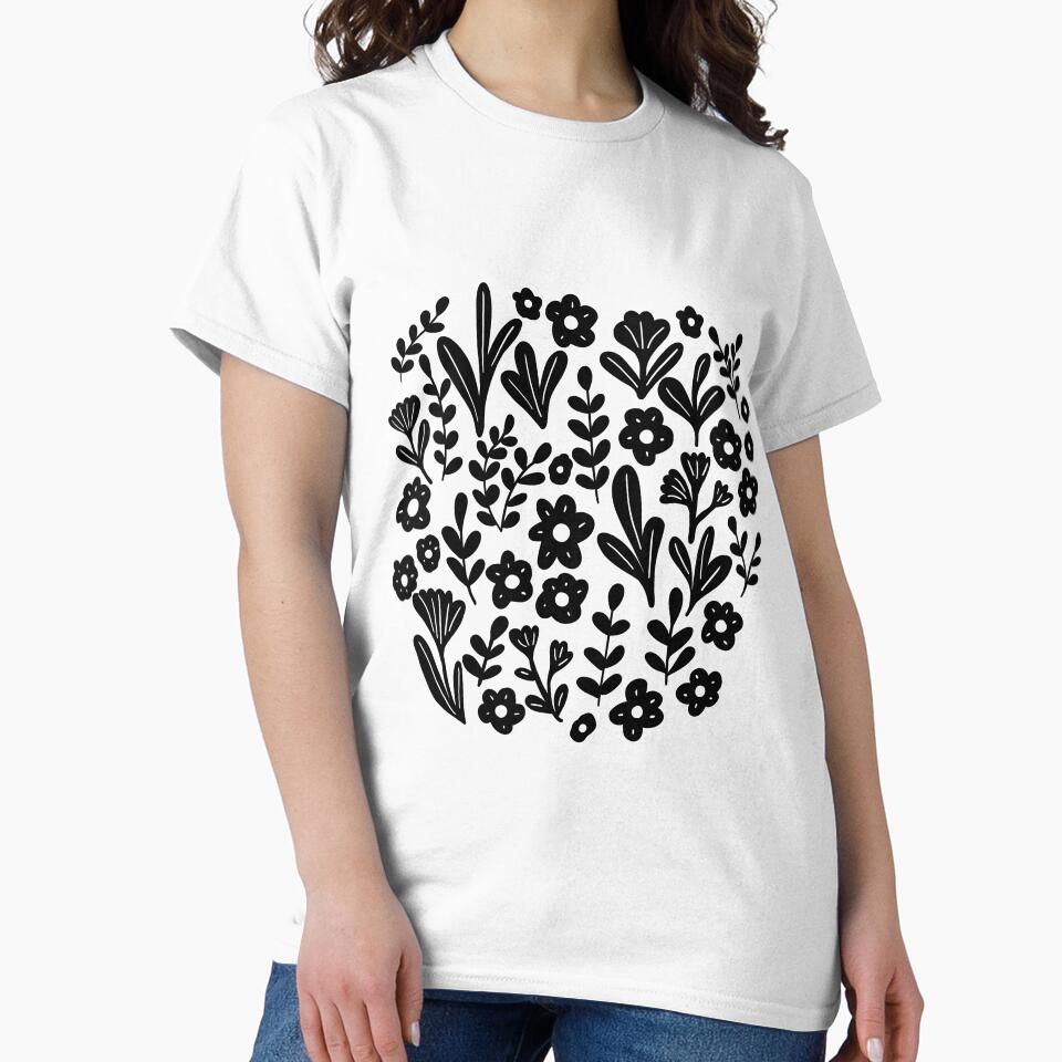 Folk ditsy flower pattern in black and white by Illustrated by Nat