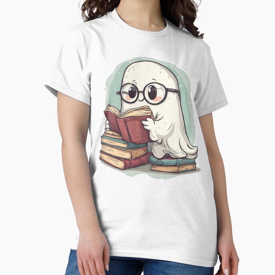 Cute Bookworm Ghost Reading - Adorable Halloween Clipart by Shivamartwark