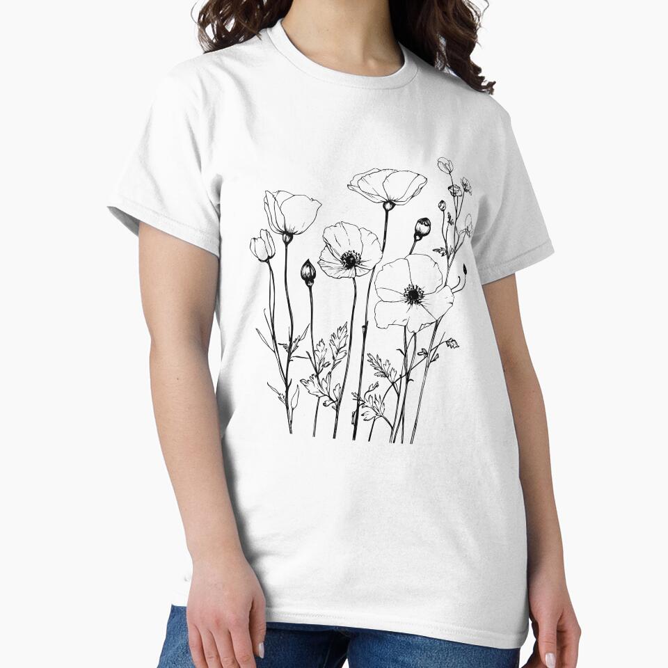 Minimalist line art of delicate wildflowers with thin black outlines on a white background by NataliArt66