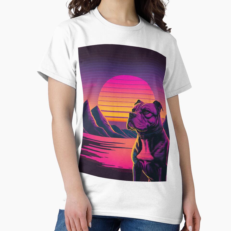 Retro sunset pit bull, 80s retro art, dog lovers, Art deco house - by CreativeHabbit
