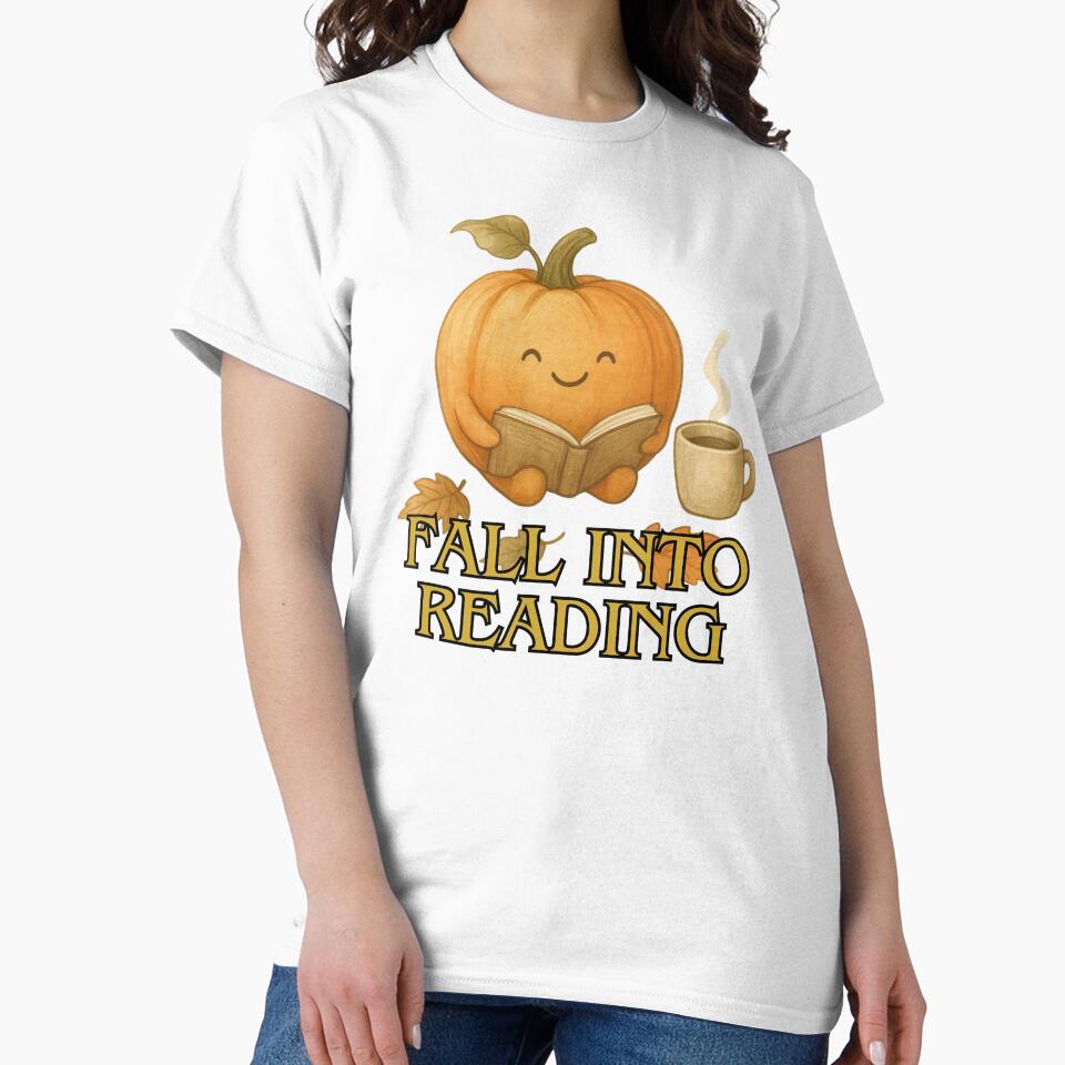 Fall Into Reading – Cute Pumpkin Book Lover Illustration | Cozy Autumn Design by FusionTeeDesign