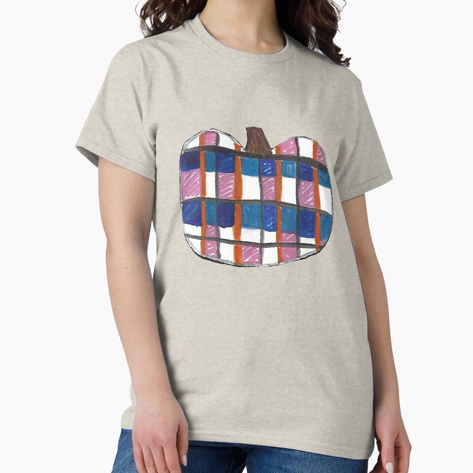 Pink, Blue and Orange Plaid Watercolor Pumpkin by ArtsyRabbit