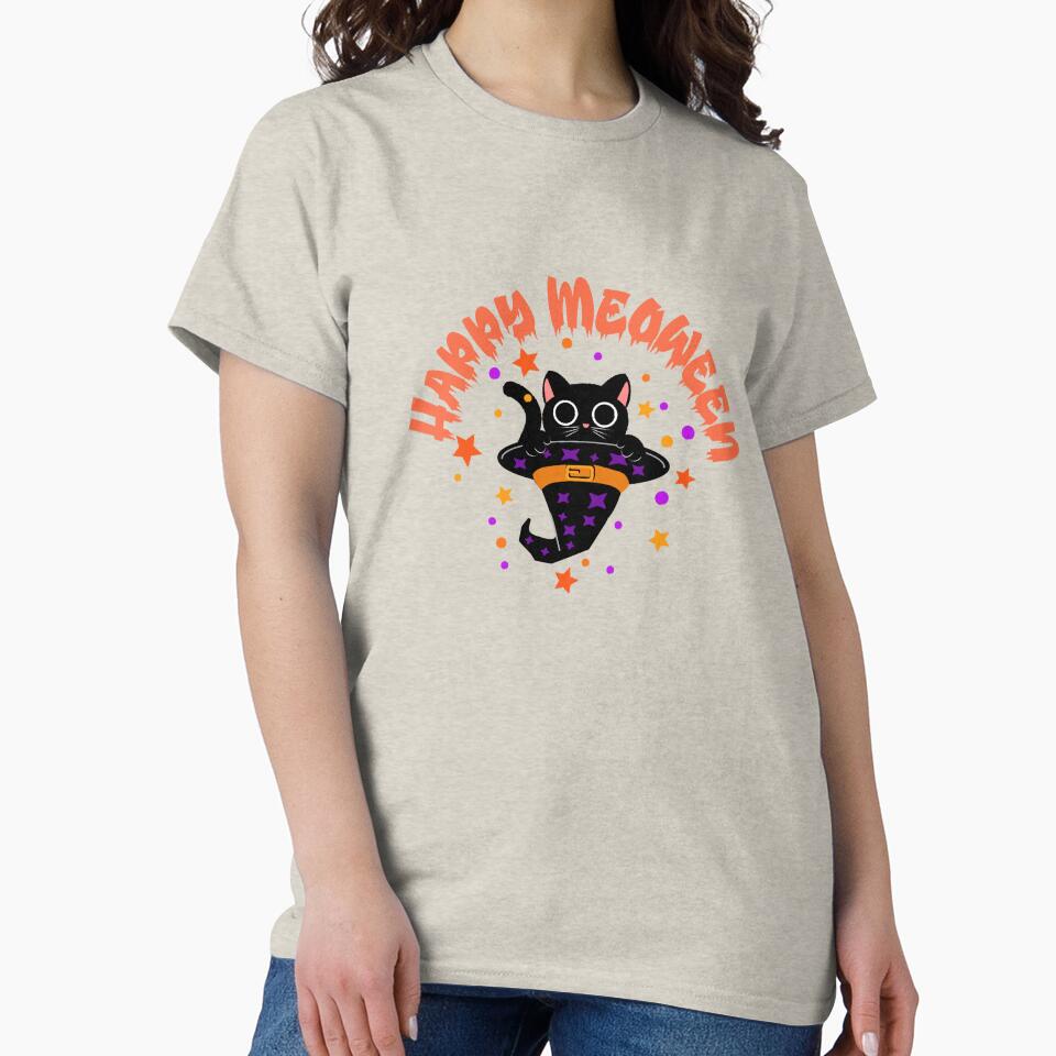 Happy Meoween Funny Black Cat Halloween T Shirt by Loccita