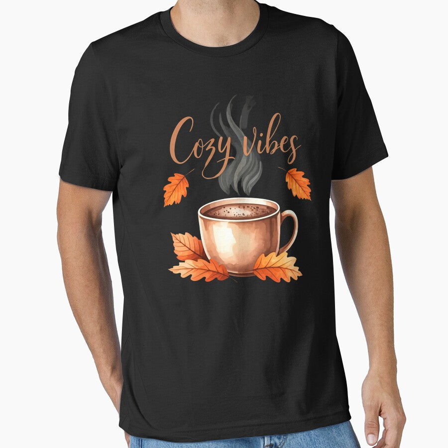 Cozy Vibes Fall T-Shirt | Autumn Coffee Graphic Tee | Cute Autumn Leaves Shirt | Cozy Fall Outfit | Warm Seasonal Apparel by zofron