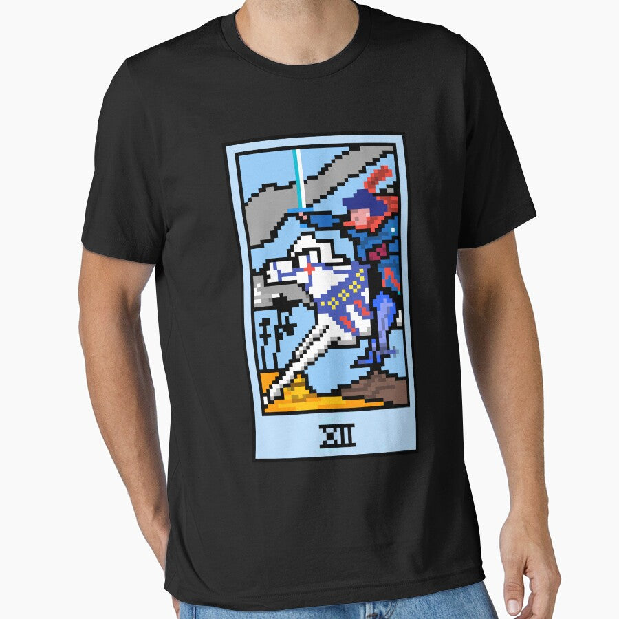 Wait, is this pixel art tarot? Black - Minor Arcana 'Knight of Swords' (Design for T-shirt, stickers and other accessories) by Pixel Waite