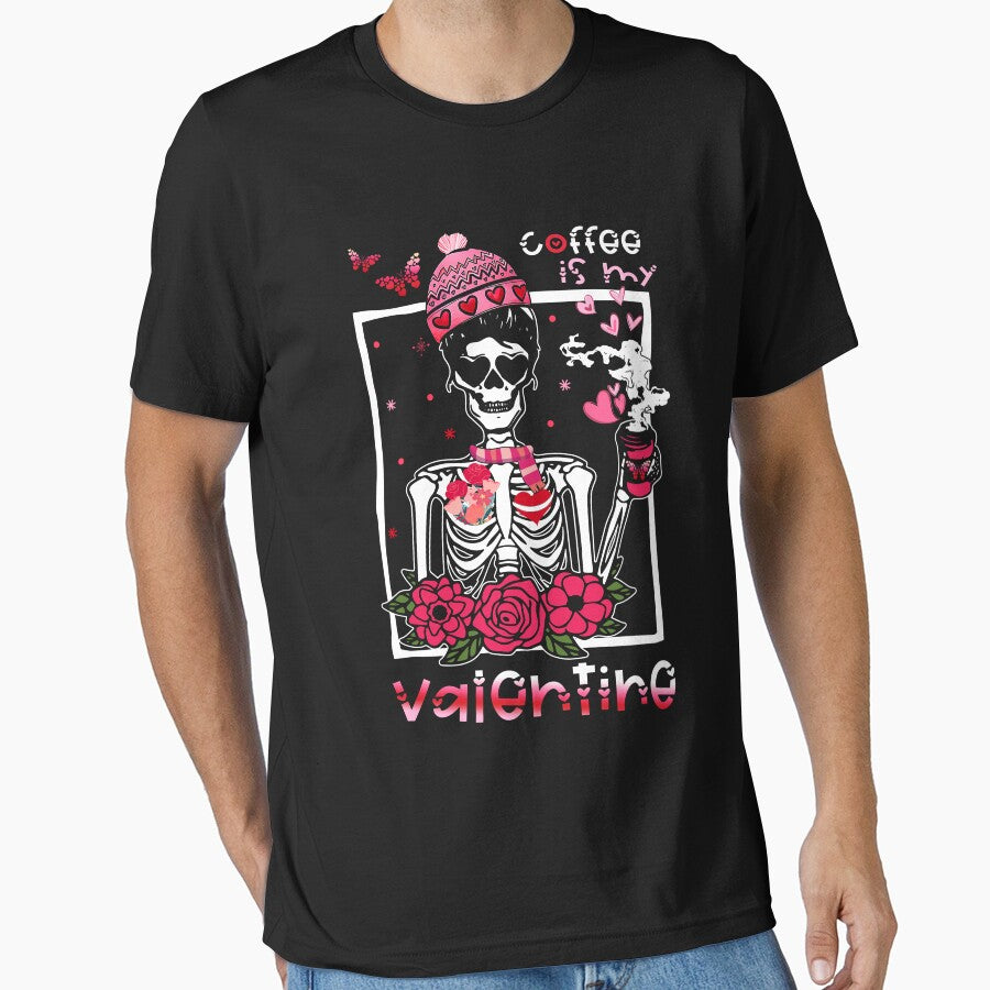 Skeleton Drinking Coffee Rose Hearts Coffee Is My Valentine Happy Valentine's Day by RikoAiba