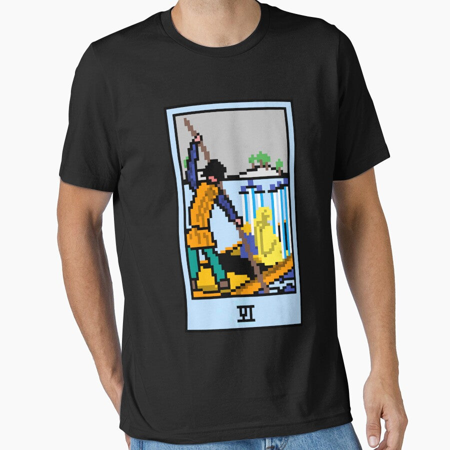 Wait, is this pixel art tarot? Black - Minor Arcana 'Six of Swords' (Design for T-shirt, stickers and other accessories) by Pixel Waite